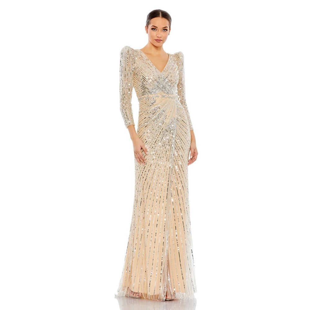 Mac Duggal Sequined Vneck‎ Puff Sleeve Gown